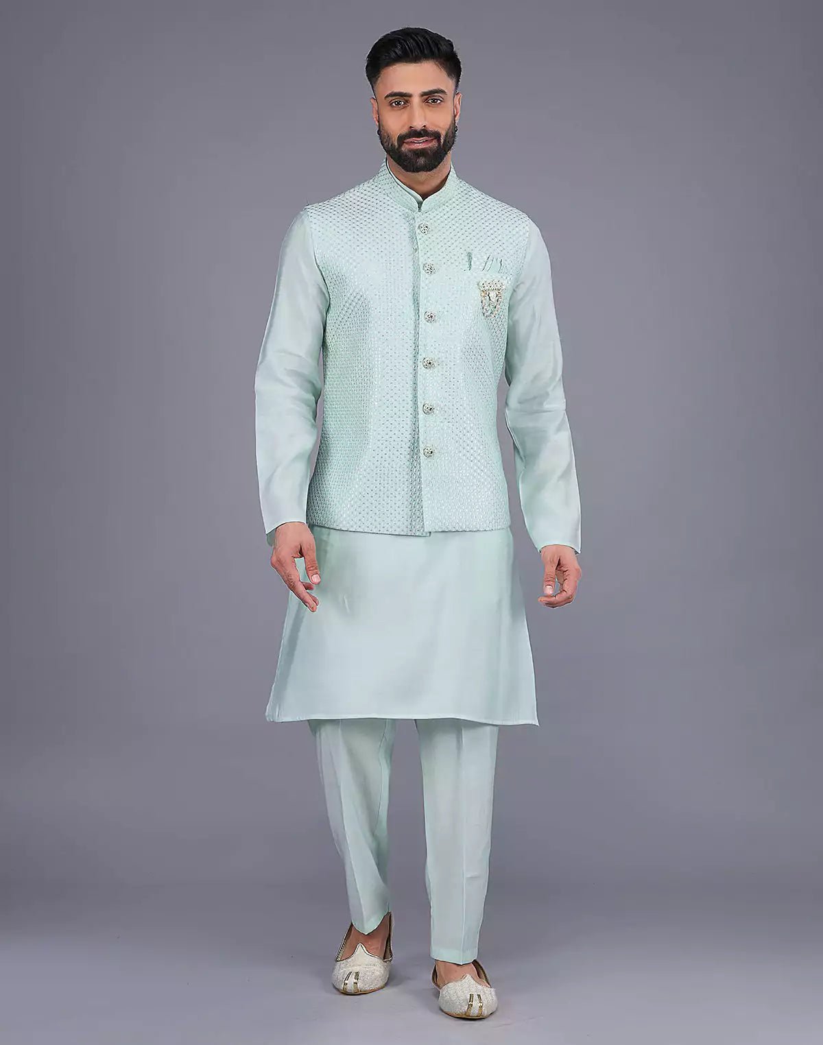 Image of Light Green All Over Self Design Sequence Work Kurta Jacket Set - South India Shopping Mall