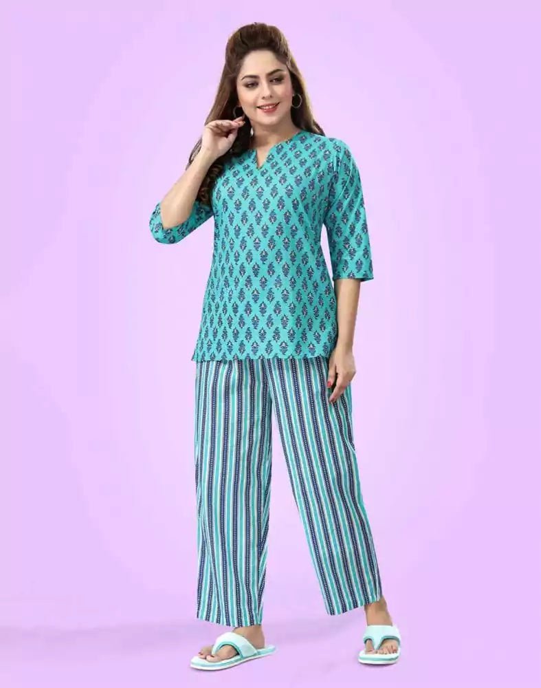 Image of Light Green Floral Cotton Printed Night Suit - South India Shopping Mall