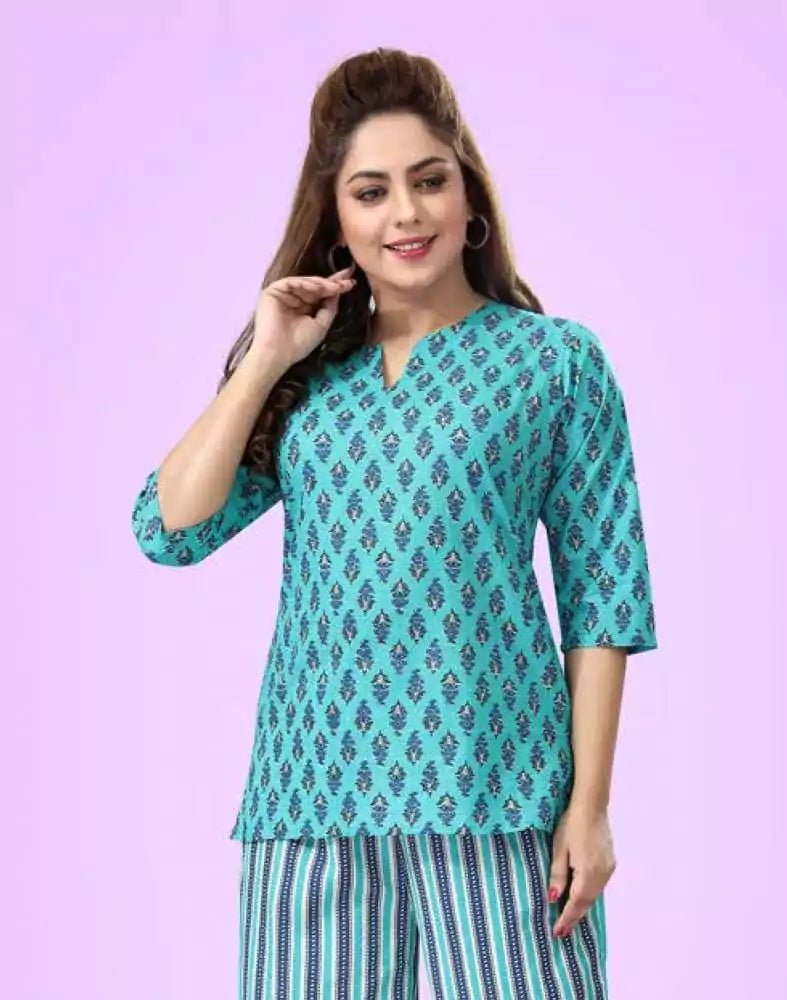 Image of Light Green Floral Cotton Printed Night Suit - South India Shopping Mall