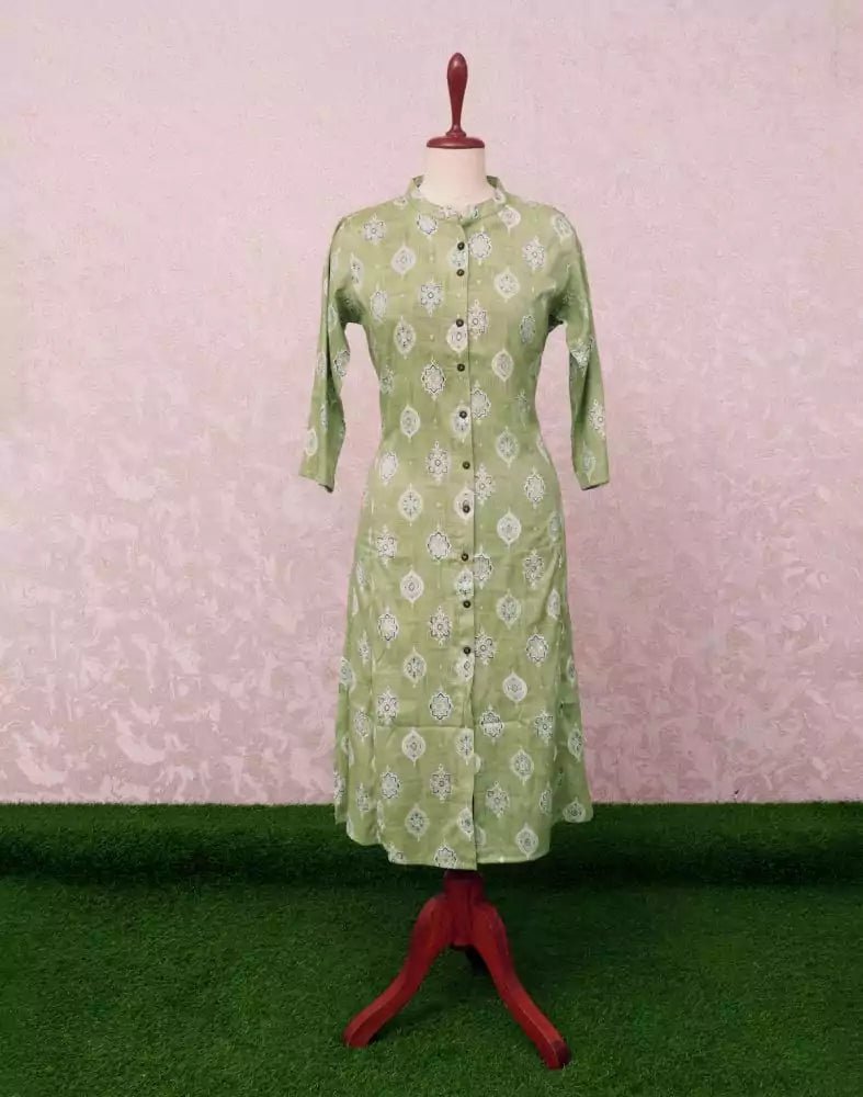 Image of Light Green Floral Cotton Silk Mica Print Kurti - South India Shopping Mall