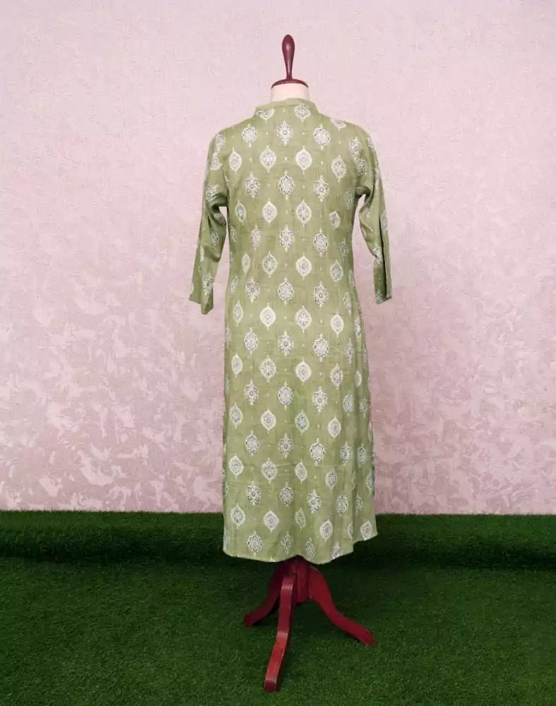 Image of Light Green Floral Cotton Silk Mica Print Kurti - South India Shopping Mall