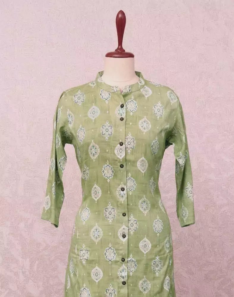 Image of Light Green Floral Cotton Silk Mica Print Kurti - South India Shopping Mall