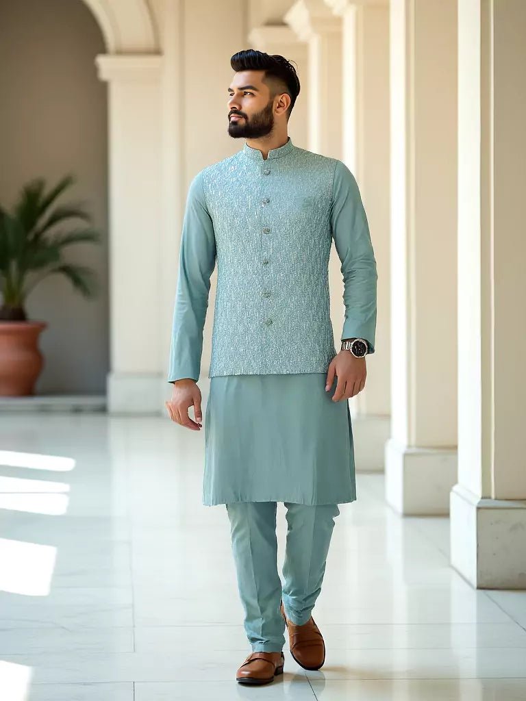 Image of Light Green Floral Milky Silk Sequence Design Kurta Jacket Set - South India Shopping Mall