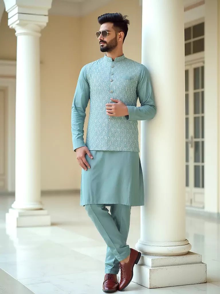 Image of Light Green Floral Milky Silk Sequence Design Kurta Jacket Set - South India Shopping Mall