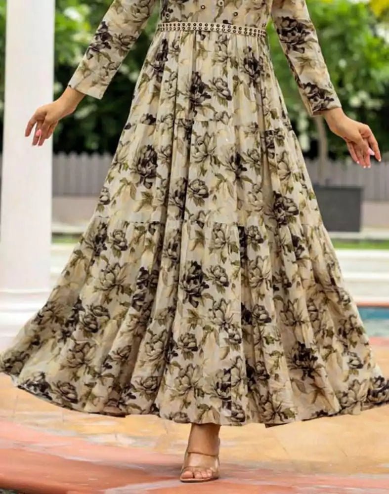 Image of Light Green Floral Mirror work Cotton Silk Kurti with Belt - South India Shopping Mall