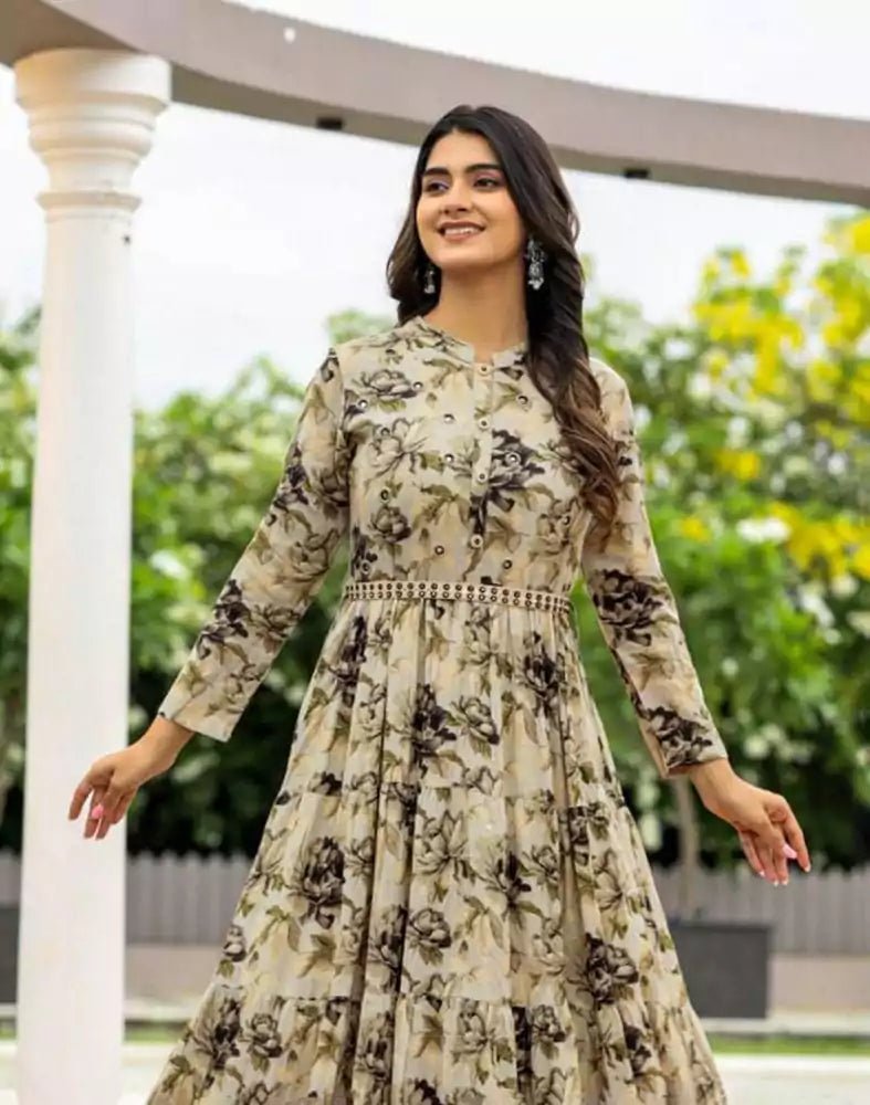 Image of Light Green Floral Mirror work Cotton Silk Kurti with Belt - South India Shopping Mall