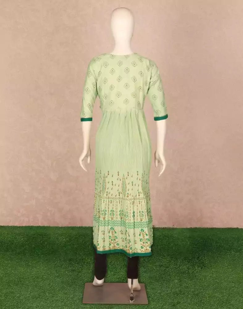 Image of Light Green Floral Print Cotton Silk Kurti - South India Shopping Mall