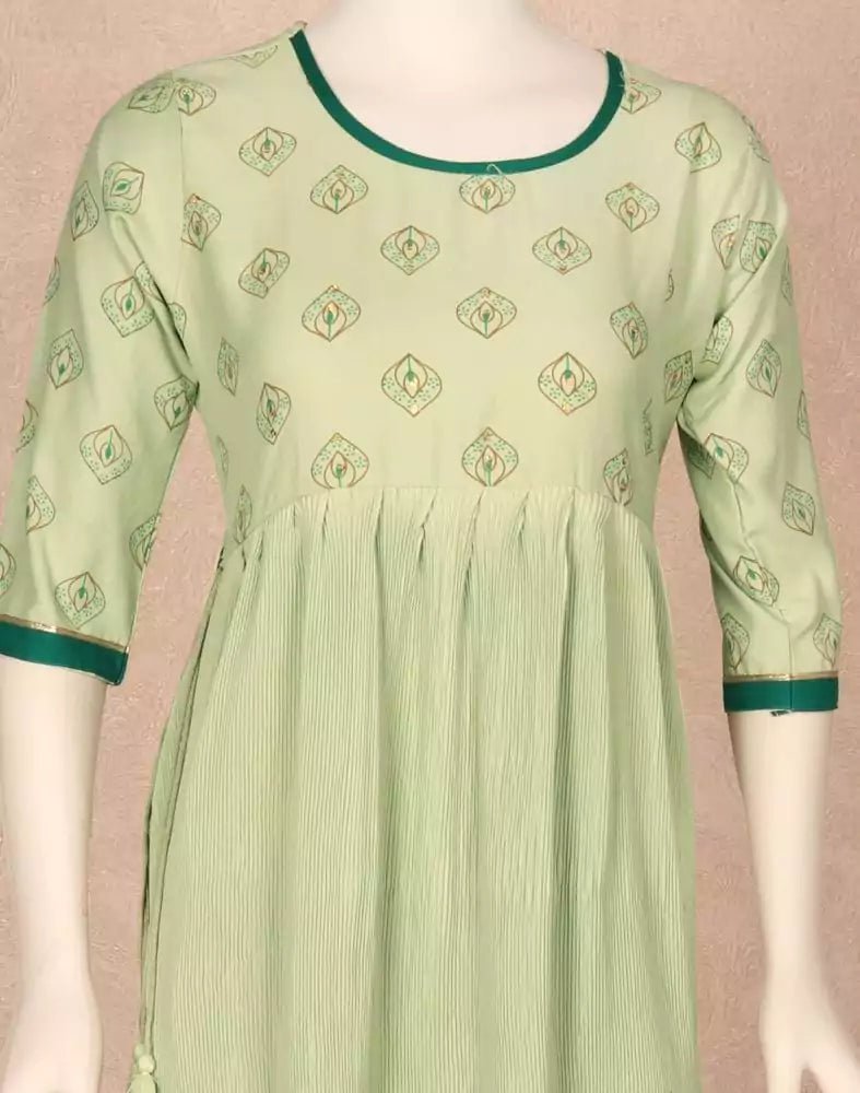 Image of Light Green Floral Print Cotton Silk Kurti - South India Shopping Mall