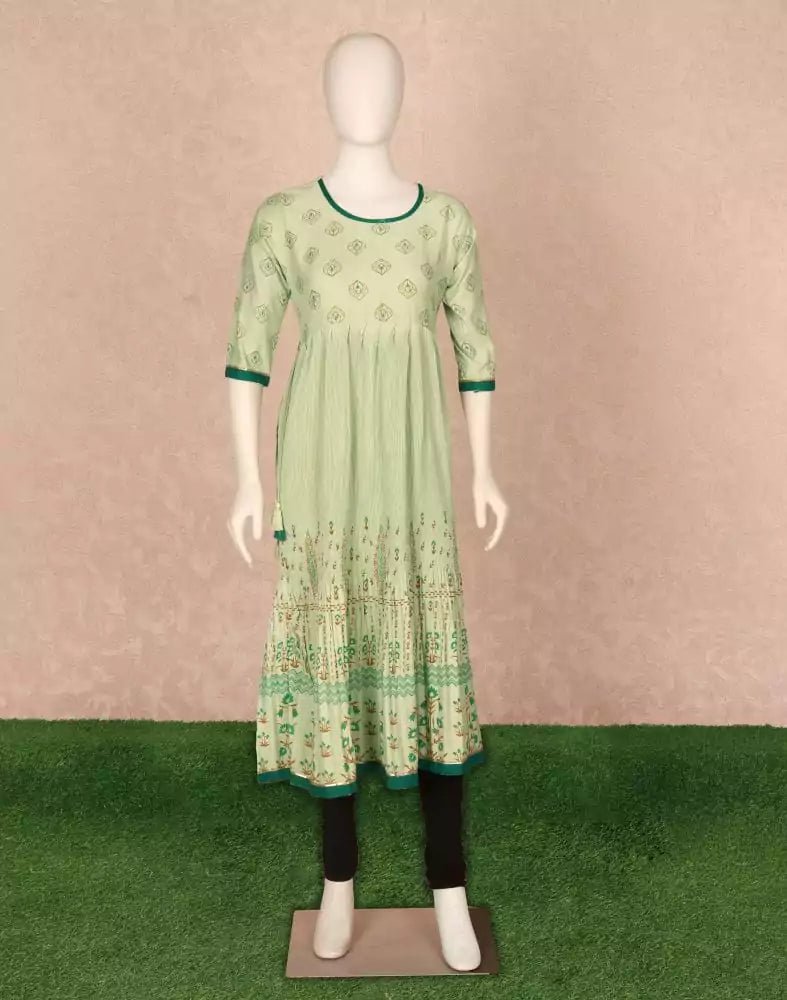 Image of Light Green Floral Print Cotton Silk Kurti - South India Shopping Mall