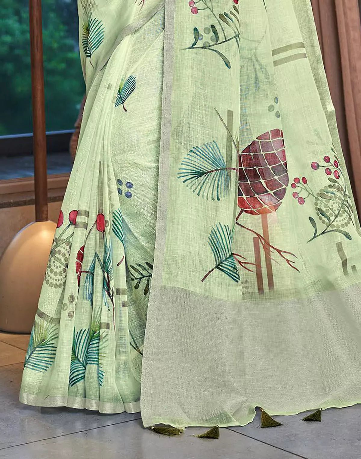 Image of Light Green Linen Cotton Digital Printed Saree with Short Pallu - South India Shopping Mall