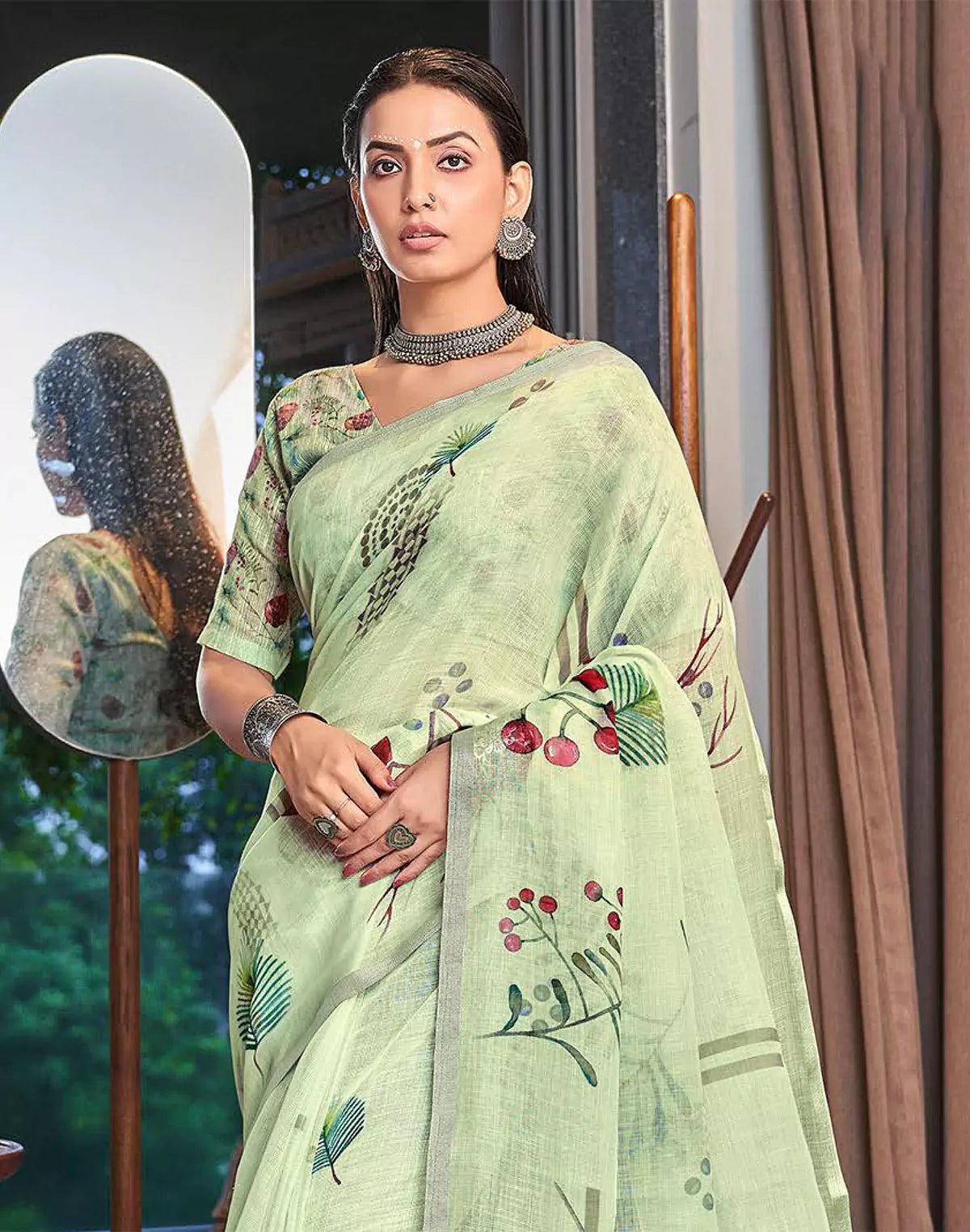 Image of Light Green Linen Cotton Digital Printed Saree with Short Pallu - South India Shopping Mall
