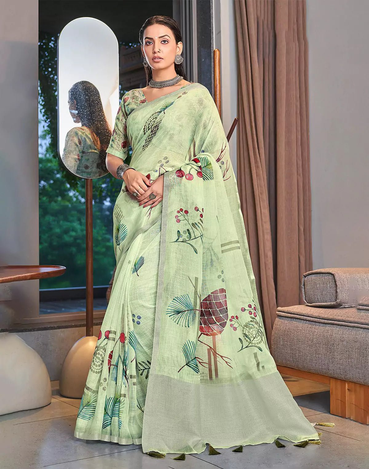 Image of Light Green Linen Cotton Digital Printed Saree with Short Pallu - South India Shopping Mall