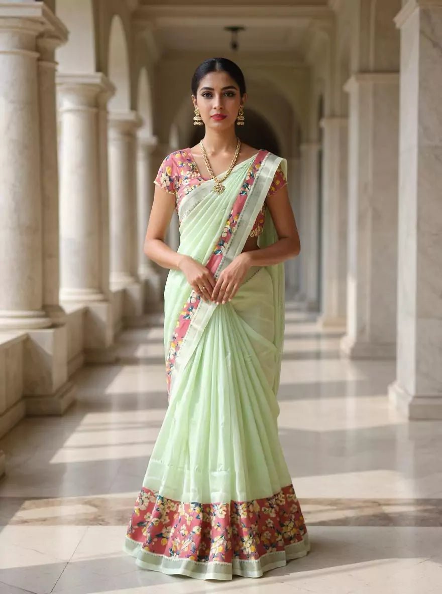Image of Light Green Mangalagiri Solid Saree with Kalamkari Border - South India Shopping Mall