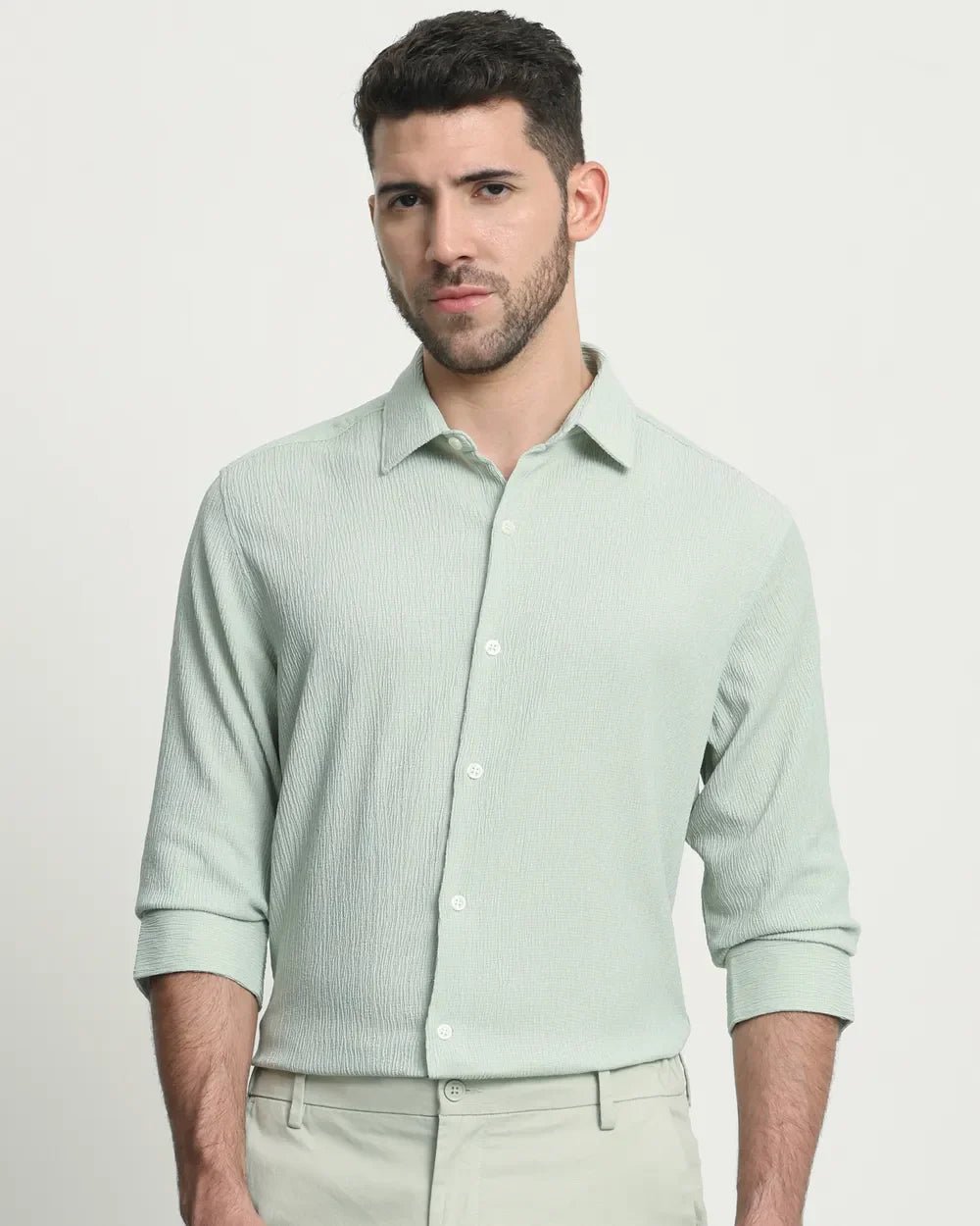 Image of Light Green Popcorn with Cotton Full Sleeve Stylish Shirt - South India Shopping Mall