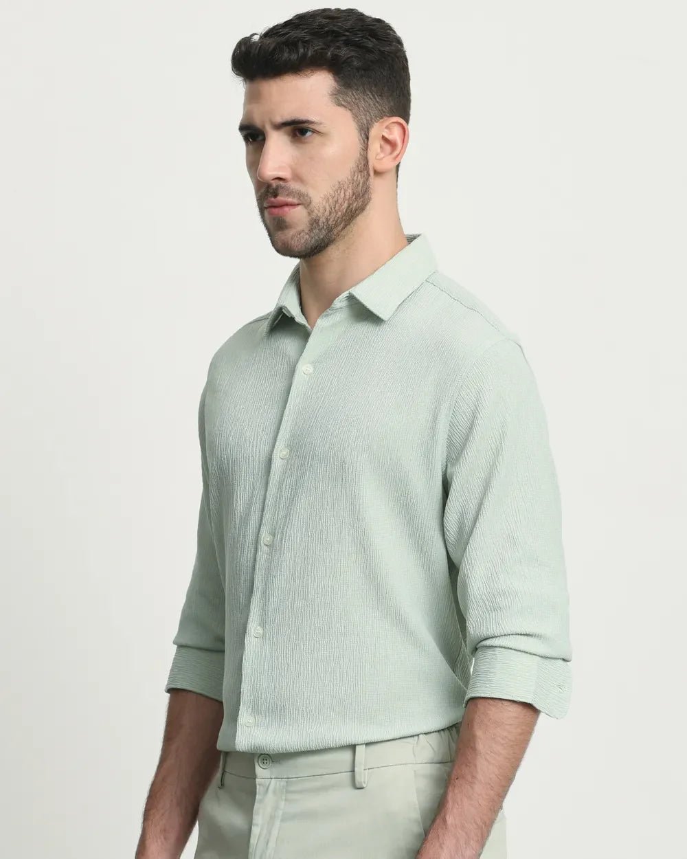 Image of Light Green Popcorn with Cotton Full Sleeve Stylish Shirt - South India Shopping Mall