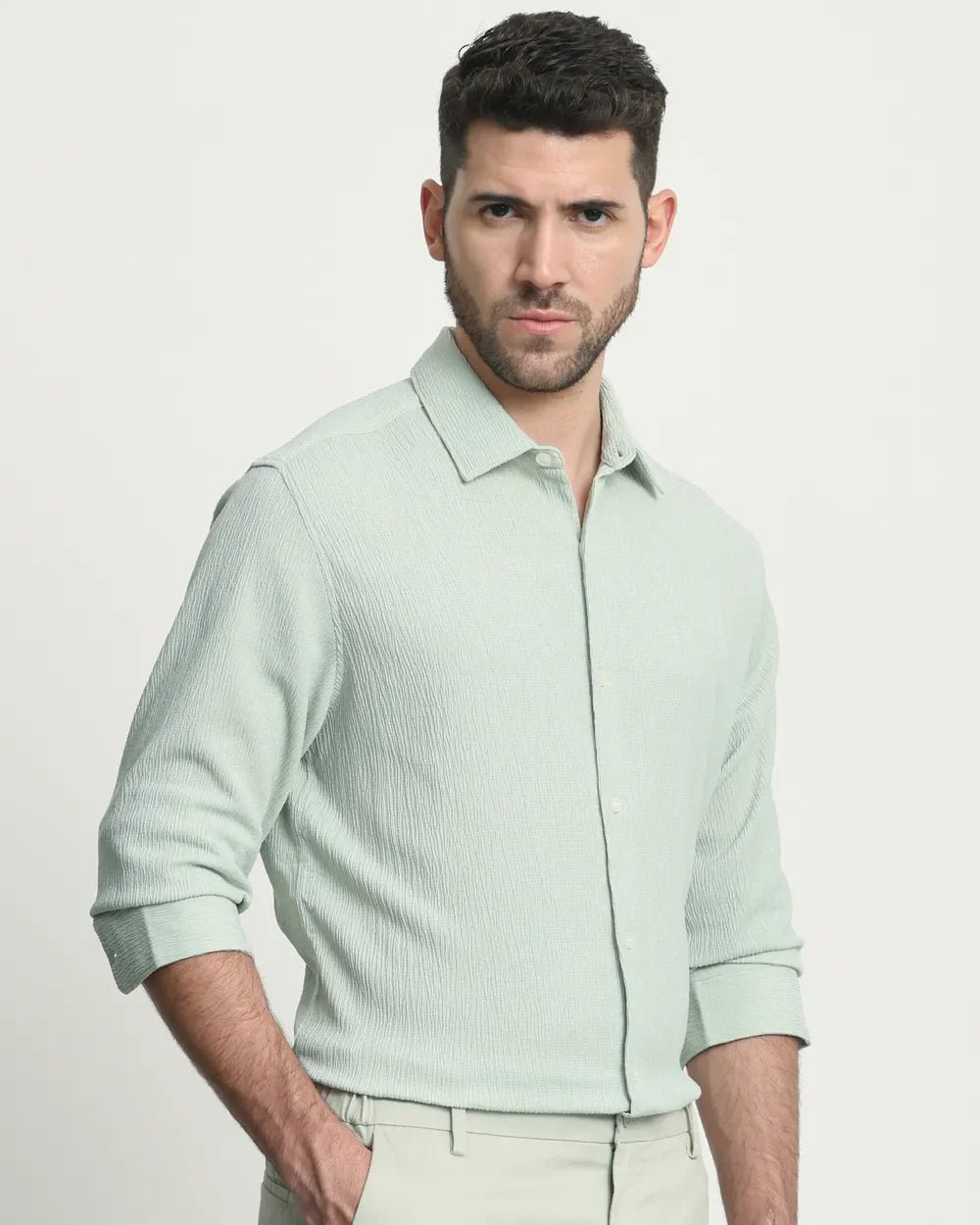 Image of Light Green Popcorn with Cotton Full Sleeve Stylish Shirt - South India Shopping Mall