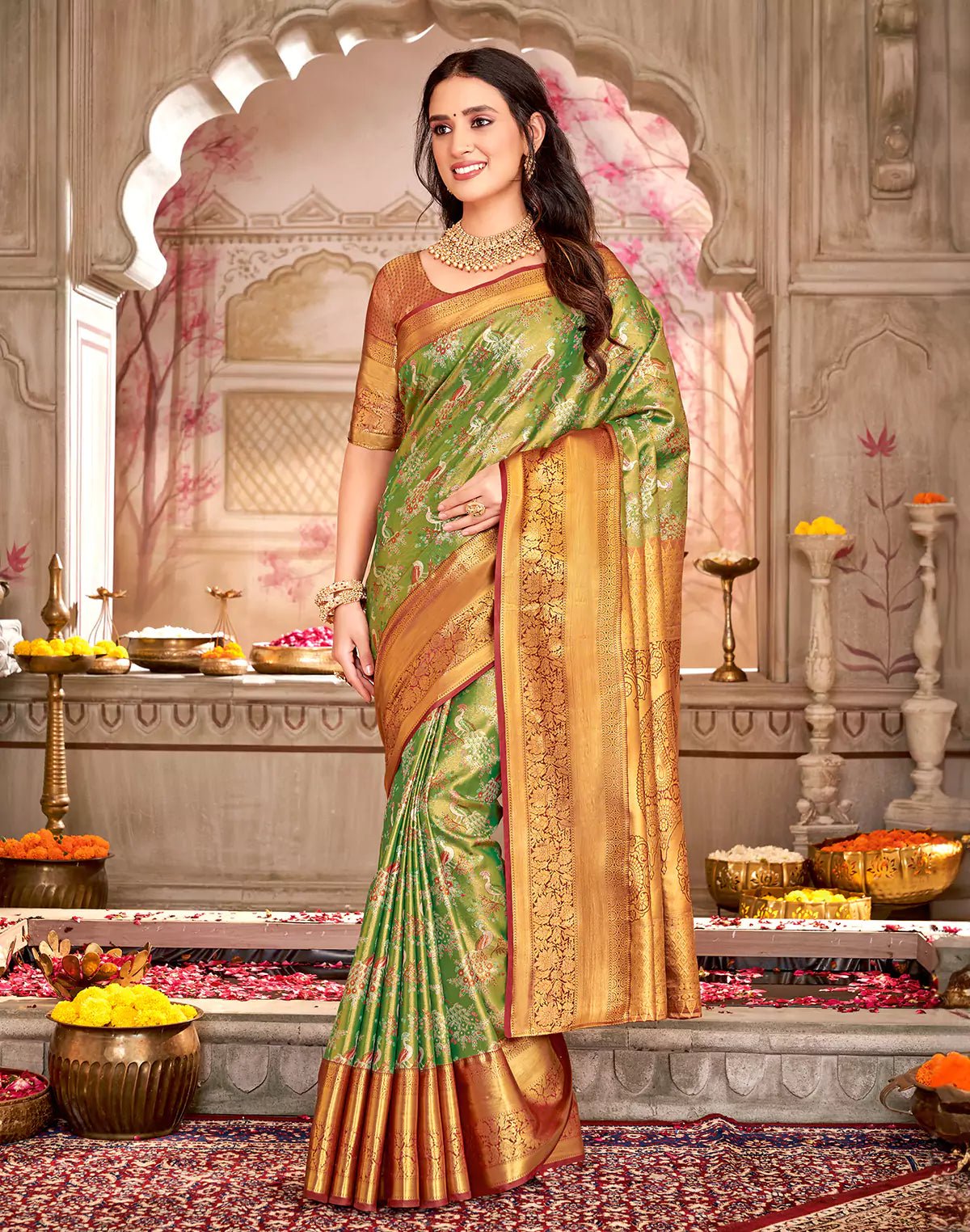 Image of Light Green Semi Silk Tissue Peacock Design Red Border Saree - South India Shopping Mall