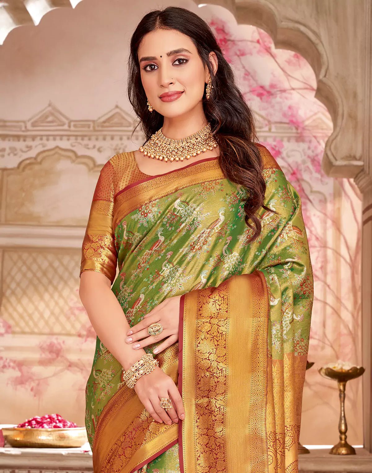 Image of Light Green Semi Silk Tissue Peacock Design Red Border Saree - South India Shopping Mall
