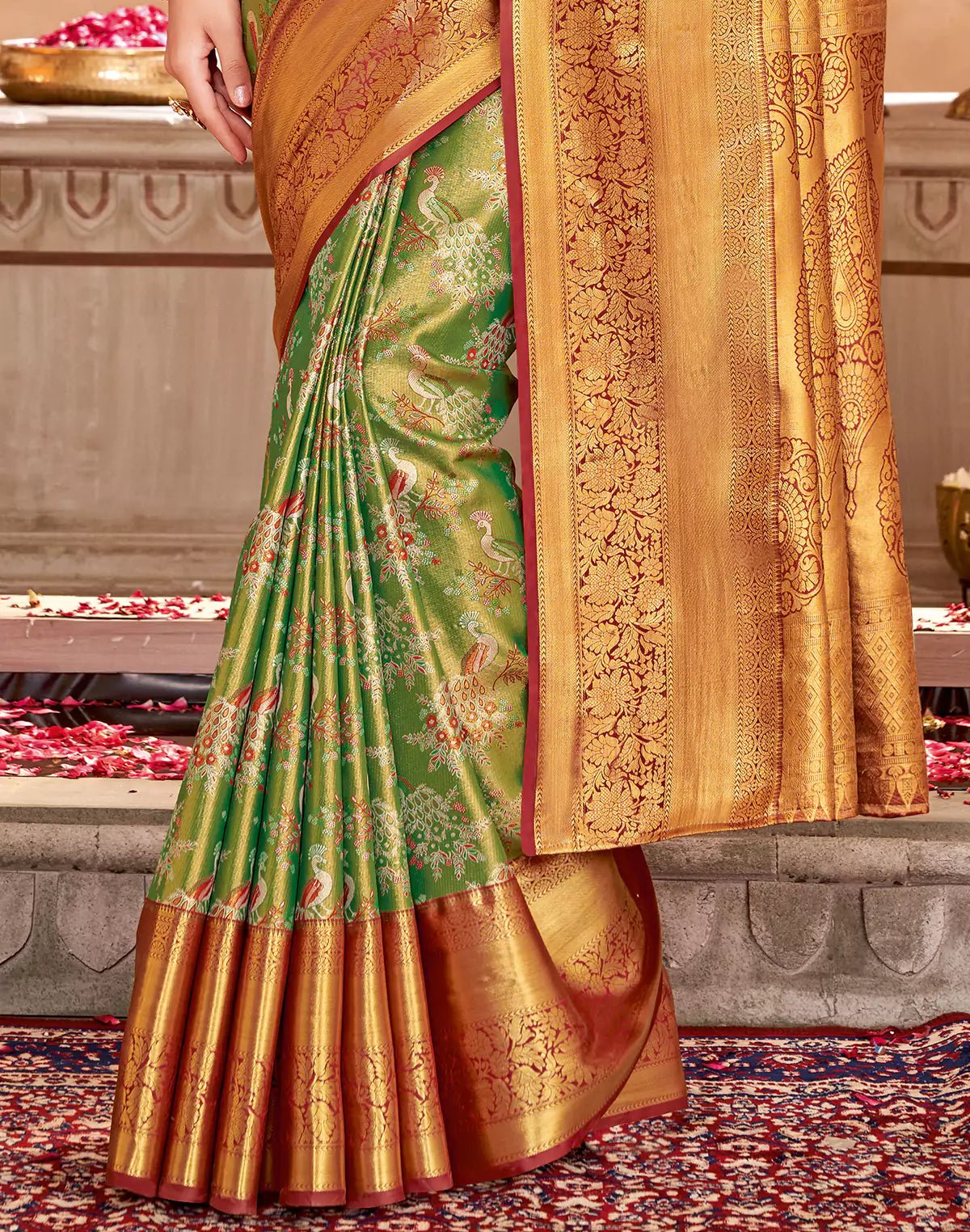 Image of Light Green Semi Silk Tissue Peacock Design Red Border Saree - South India Shopping Mall