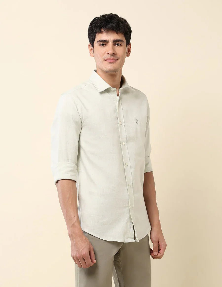 Image of Light Green Solid Linen Cotton Full Sleeve Tailored Fit Shirt - South India Shopping Mall