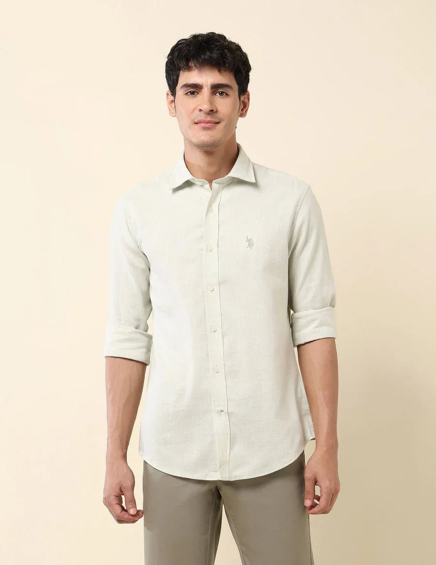Image of Light Green Solid Linen Cotton Full Sleeve Tailored Fit Shirt - South India Shopping Mall