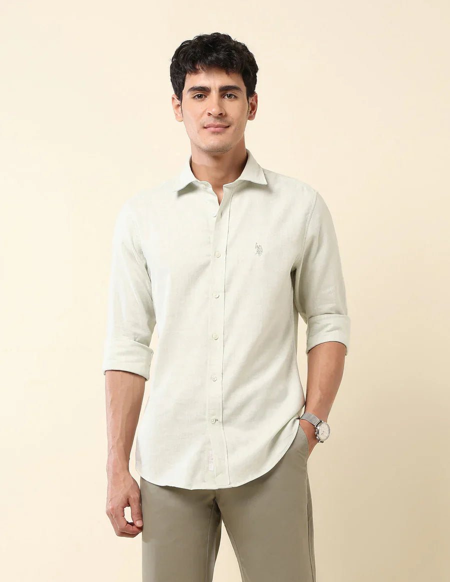 Light Green Solid Linen Cotton Full Sleeve Tailored Fit Shirt - South India Shopping Mall