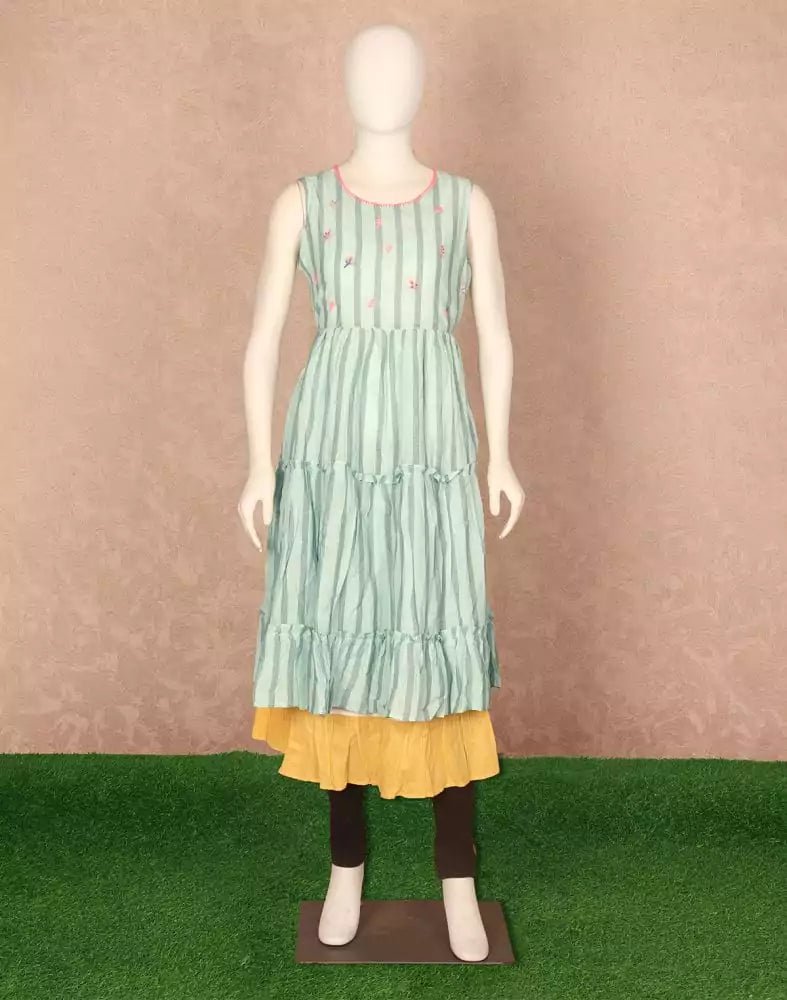 Image of Light Green Striped Printed Cotton Kurti - South India Shopping Mall
