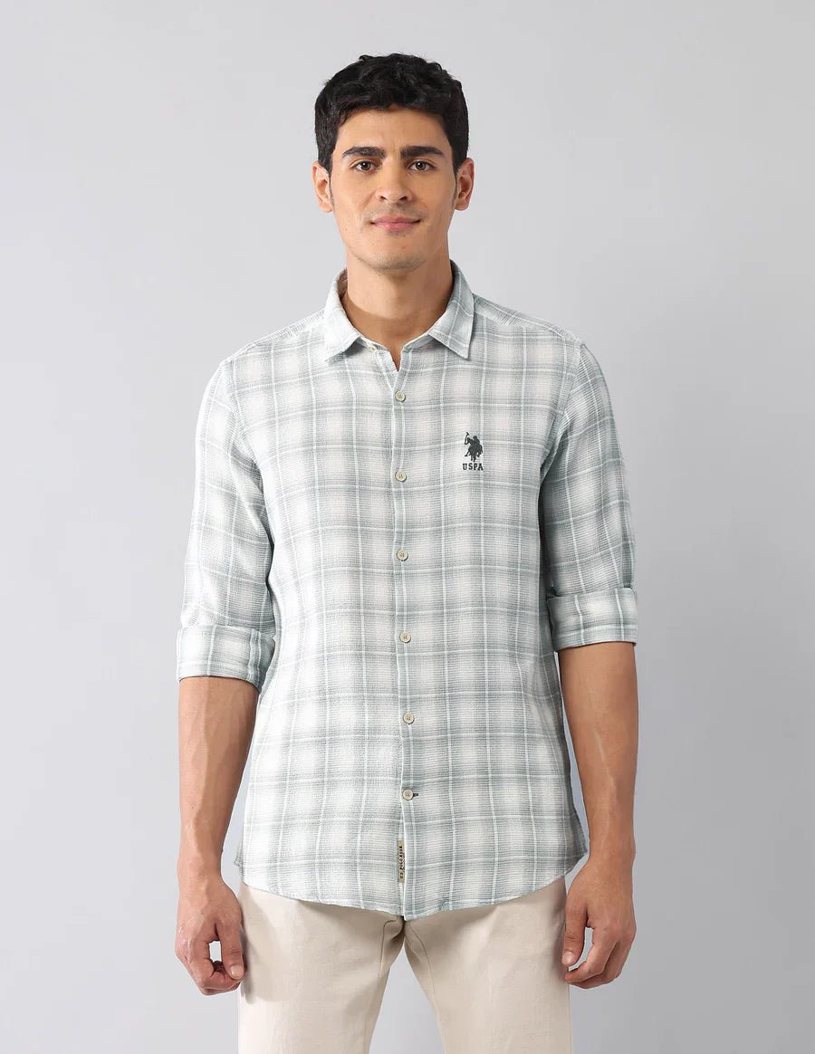 Image of Light Green Tartan Checked Classic Slim Fit Cotton - Jute Shirt - South India Shopping Mall
