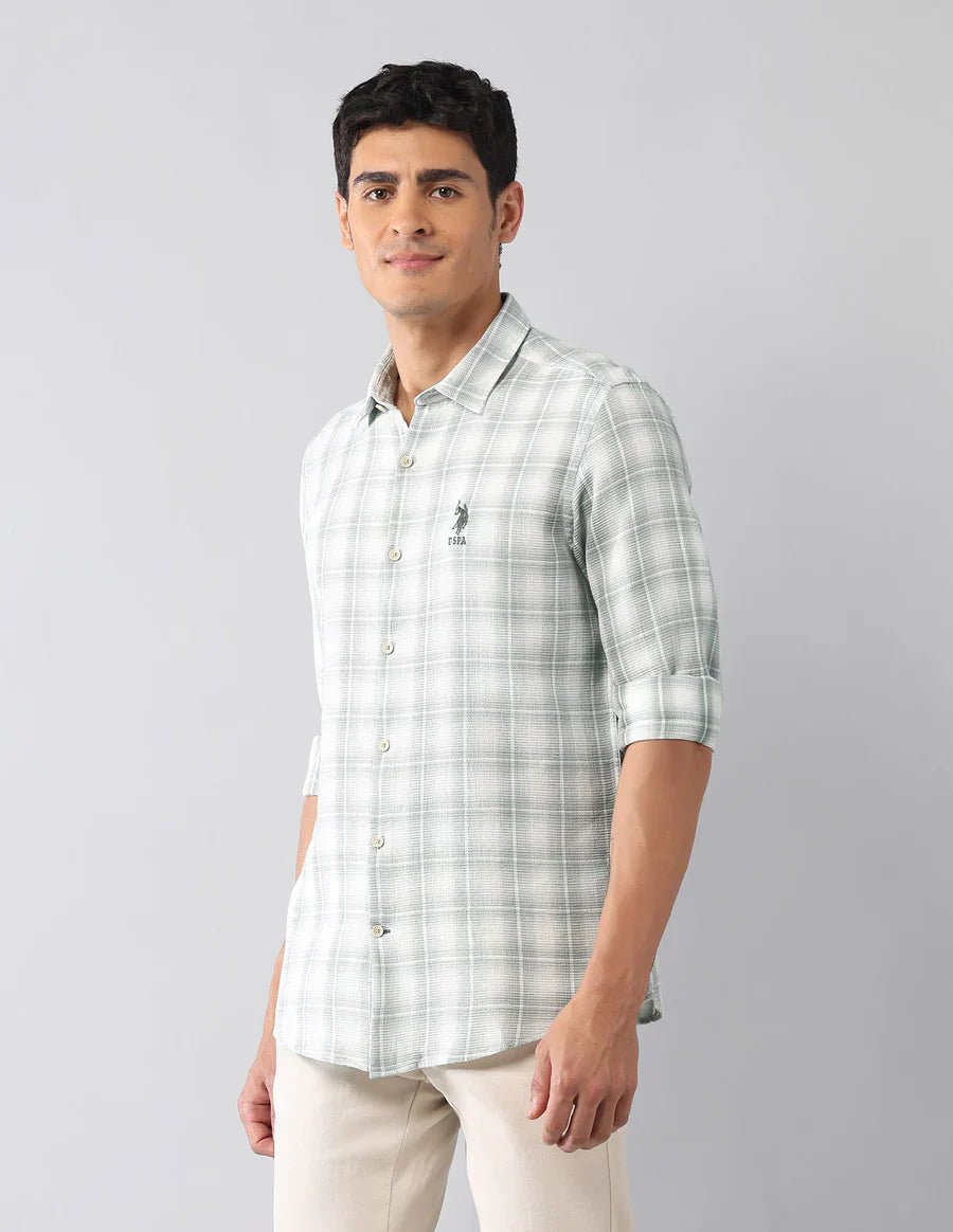 Image of Light Green Tartan Checked Classic Slim Fit Cotton - Jute Shirt - South India Shopping Mall