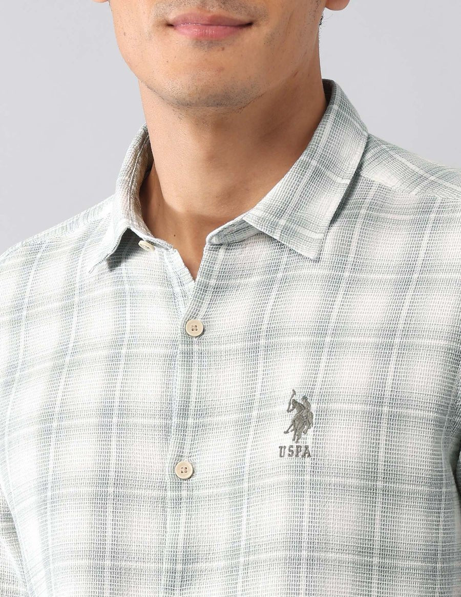 Light Green Tartan Checked Classic Slim Fit Cotton - Jute Shirt - South India Shopping Mall