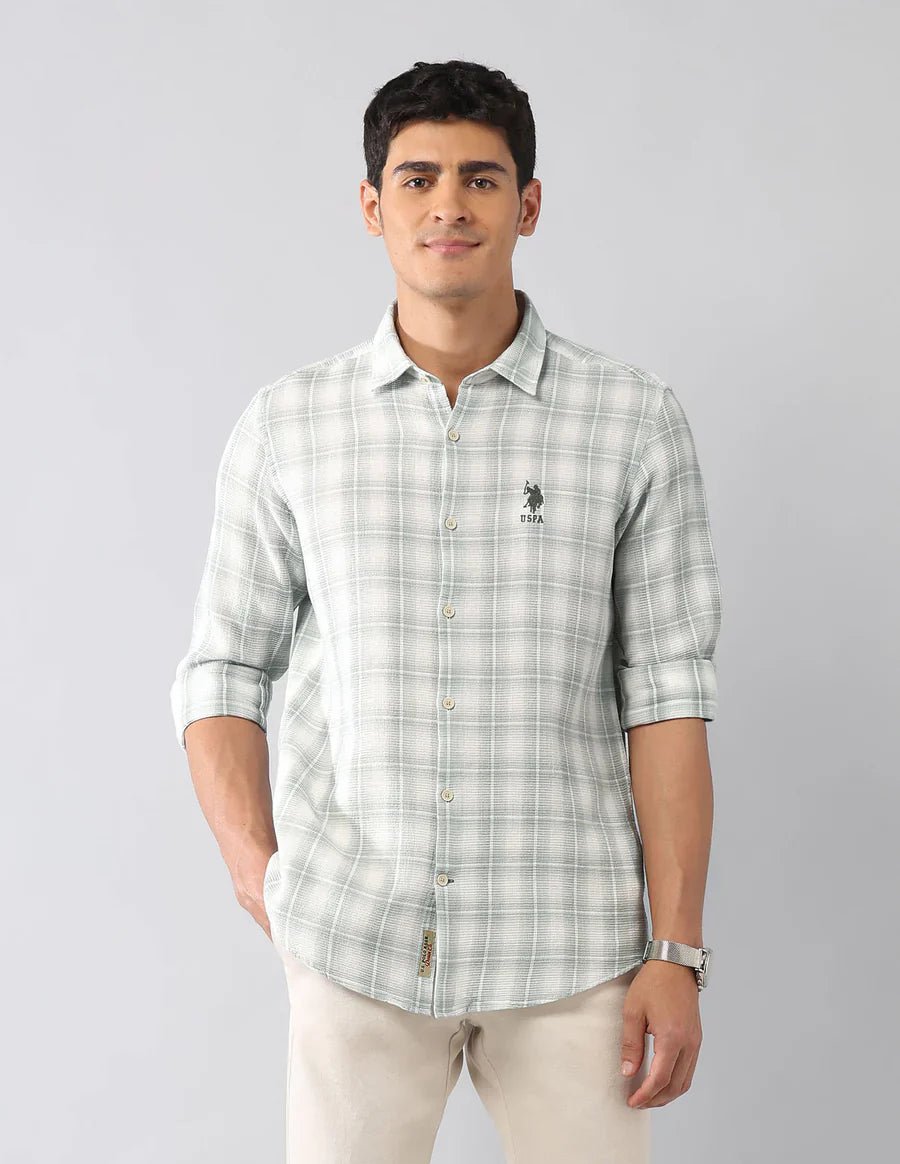 Light Green Tartan Checked Classic Slim Fit Cotton - Jute Shirt - South India Shopping Mall