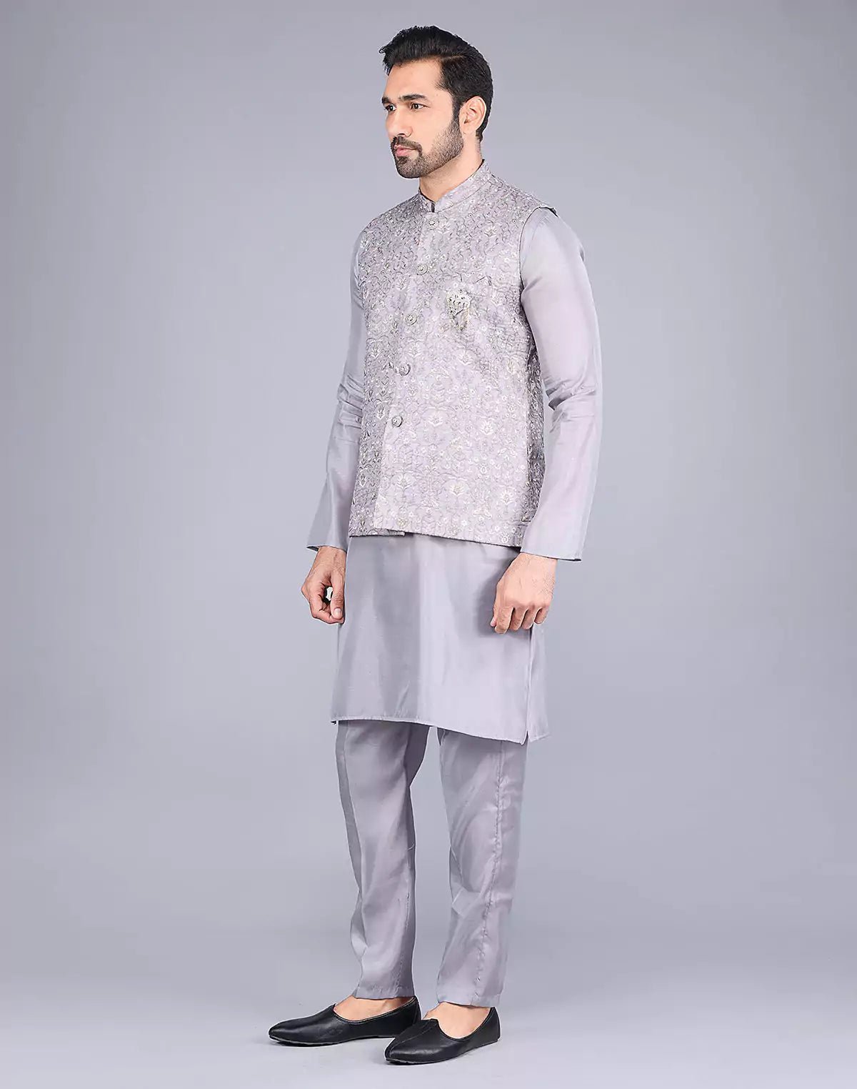 Image of Light Grey All Over Floral Design Embroidery Work Kurta Jacket Set - South India Shopping Mall