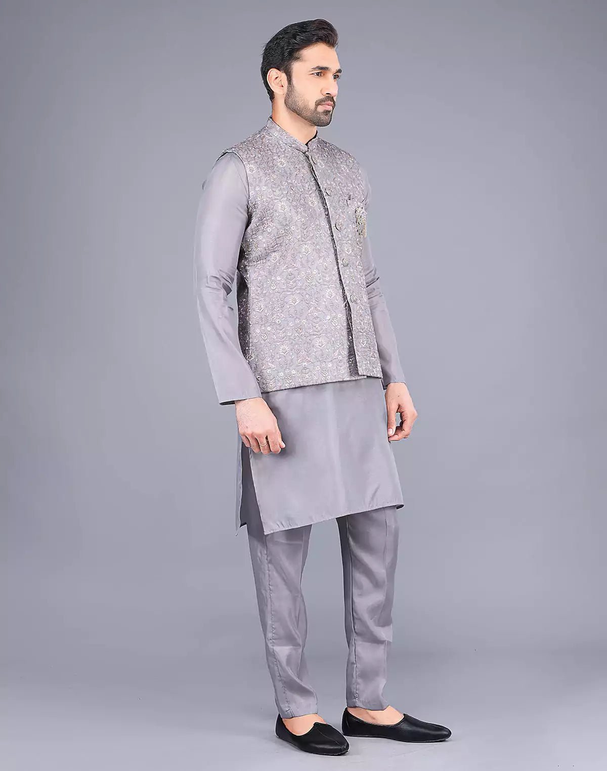 Image of Light Grey All Over Floral Design Embroidery Work Kurta Jacket Set - South India Shopping Mall