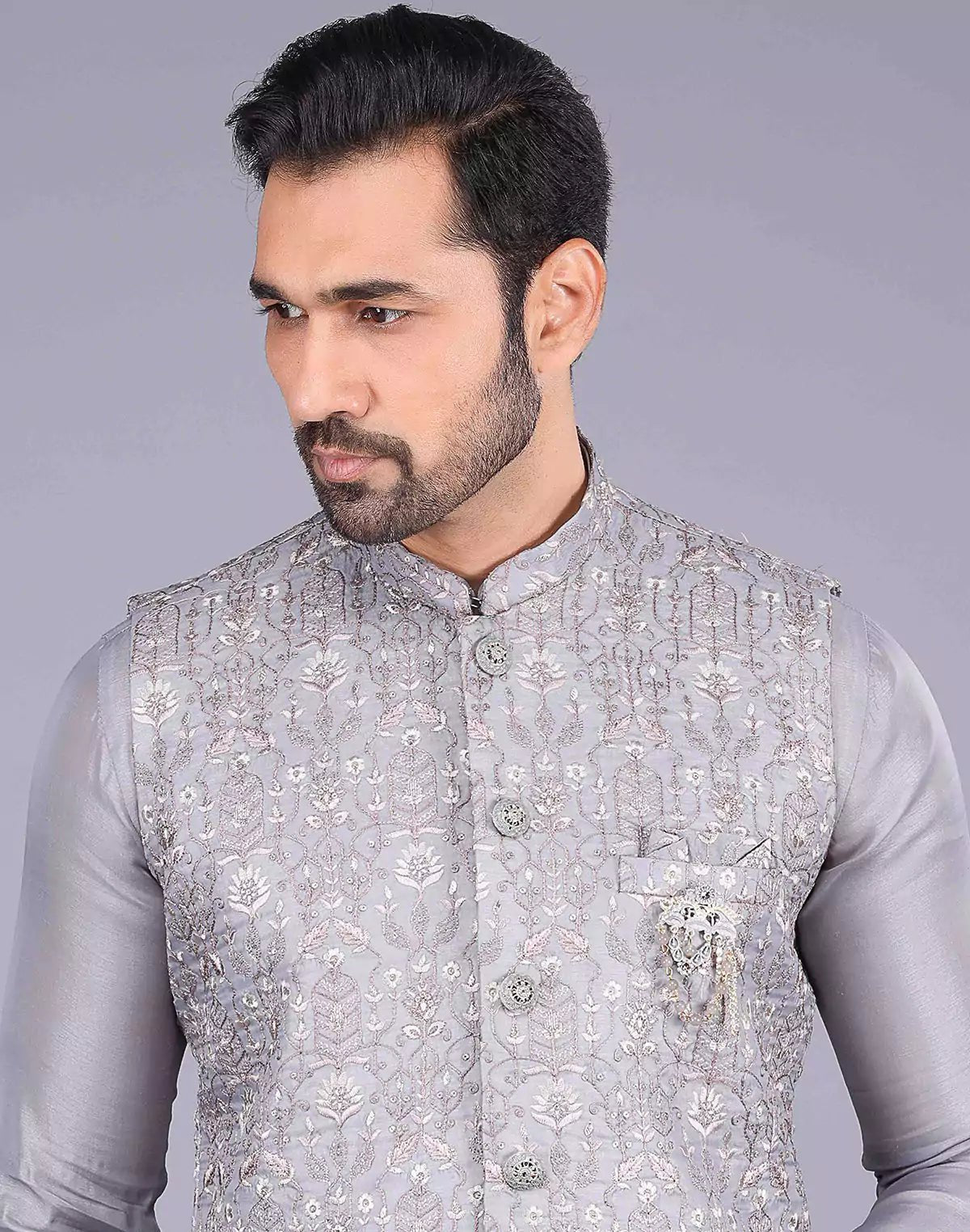 Image of Light Grey All Over Floral Design Embroidery Work Kurta Jacket Set - South India Shopping Mall