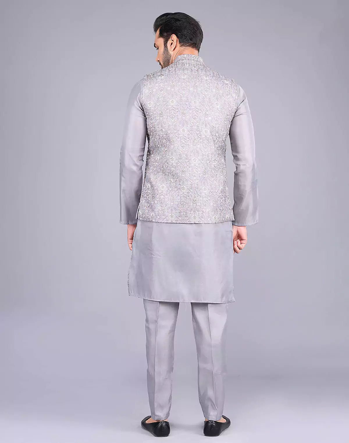 Image of Light Grey All Over Floral Design Embroidery Work Kurta Jacket Set - South India Shopping Mall