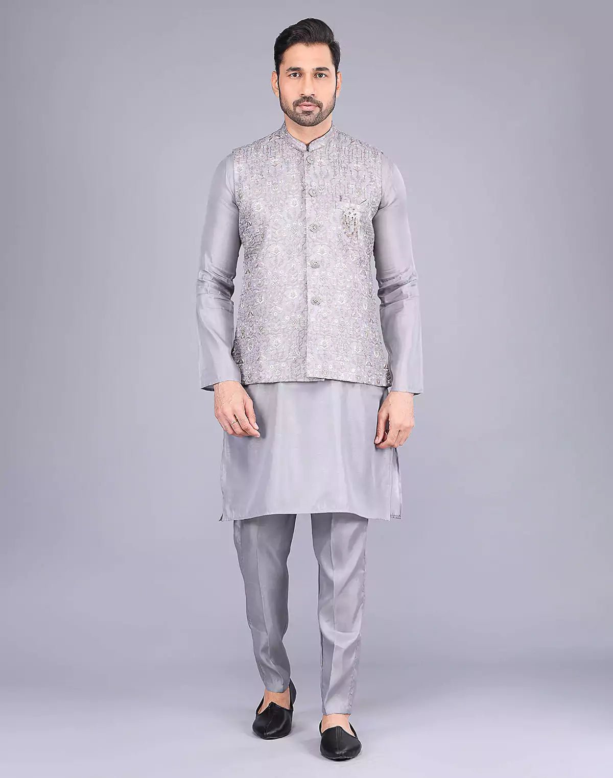 Image of Light Grey All Over Floral Design Embroidery Work Kurta Jacket Set - South India Shopping Mall