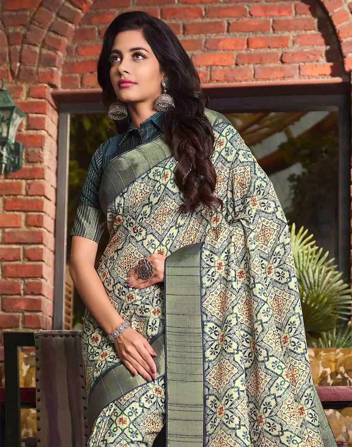 Image of Light Grey All Over Floral Print Tussar Silk Saree - South India Shopping Mall