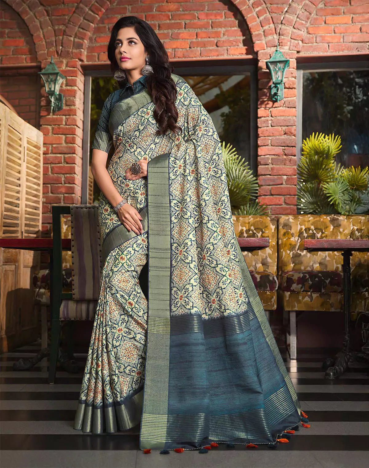 Image of Light Grey All Over Floral Print Tussar Silk Saree - South India Shopping Mall