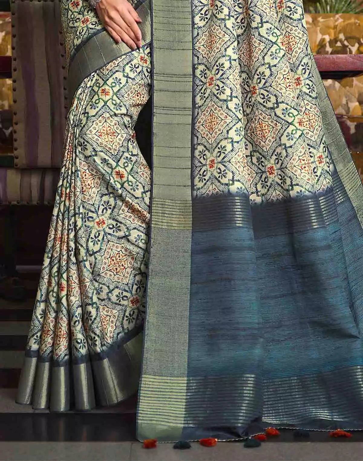 Image of Light Grey All Over Floral Print Tussar Silk Saree - South India Shopping Mall