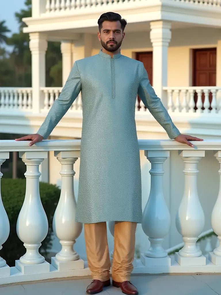 Image of Light Grey Checks Small Bootis Jacquard Kurta Pyjama Set - South India Shopping Mall