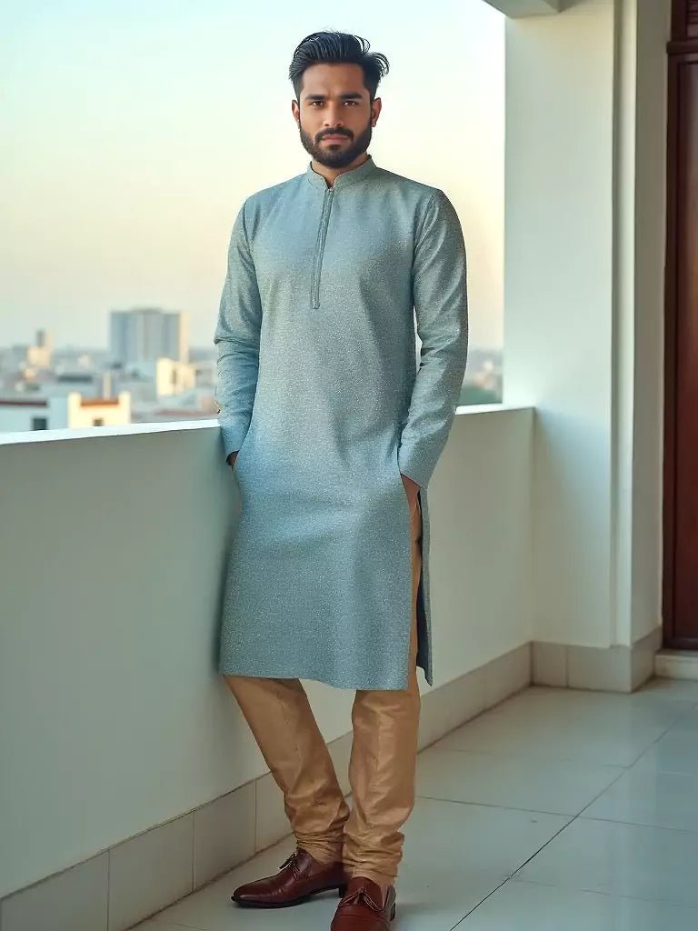 Image of Light Grey Checks Small Bootis Jacquard Kurta Pyjama Set - South India Shopping Mall