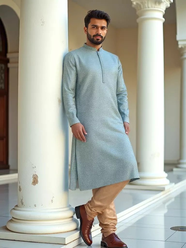 Image of Light Grey Checks Small Bootis Jacquard Kurta Pyjama Set - South India Shopping Mall