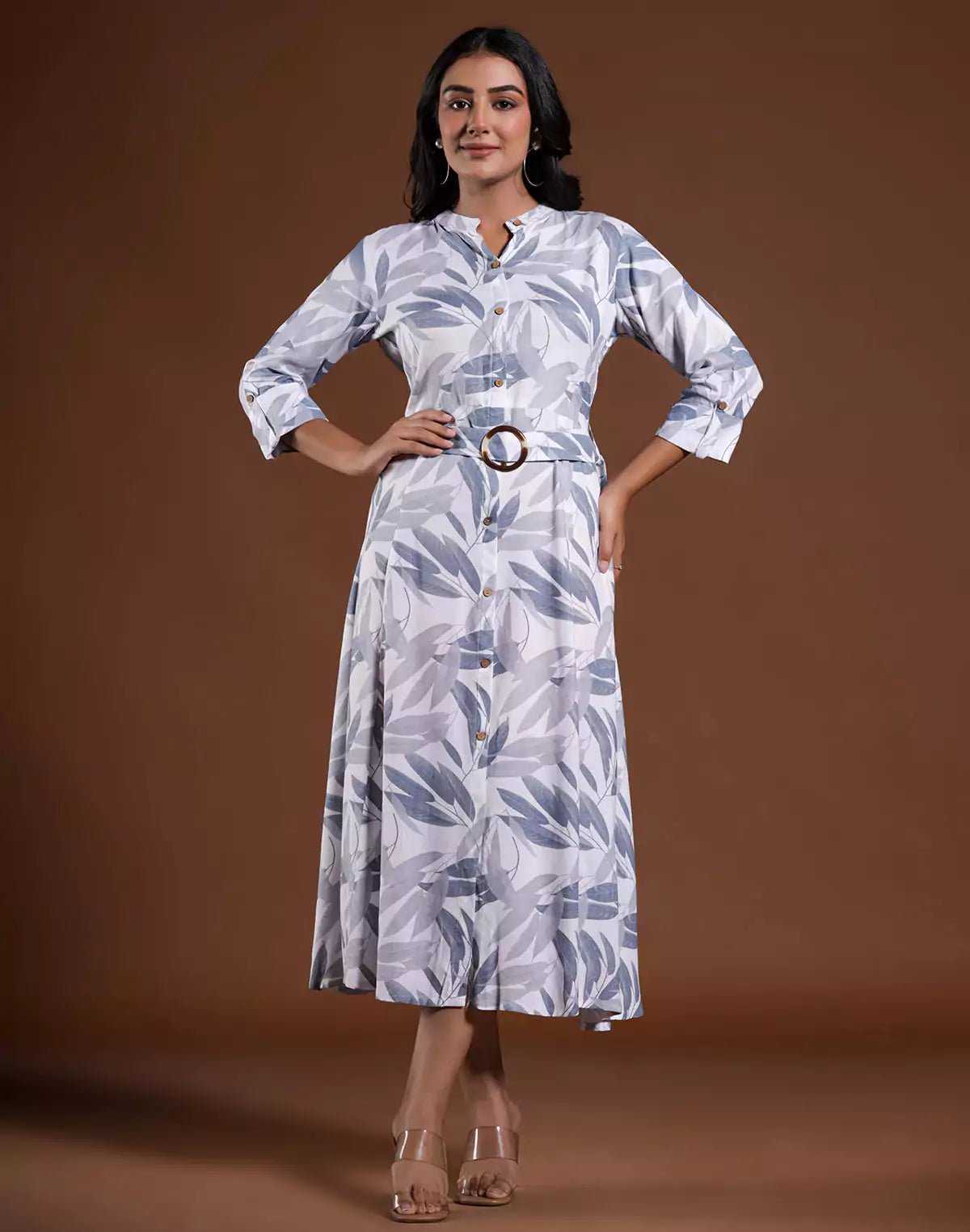 Image of Light Grey Cotton Silk Flared Kurti With Belt - South India Shopping Mall