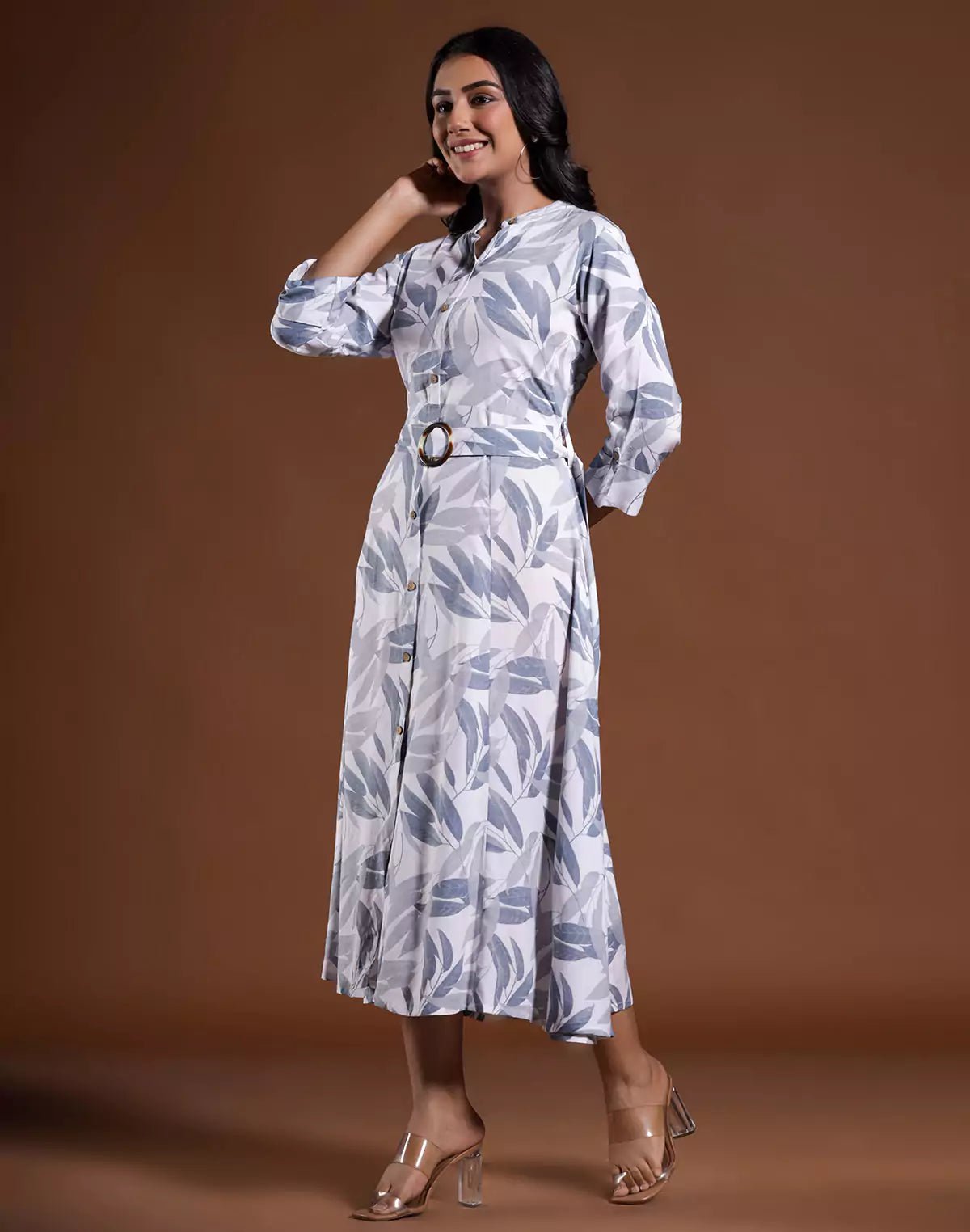 Image of Light Grey Cotton Silk Flared Kurti With Belt - South India Shopping Mall