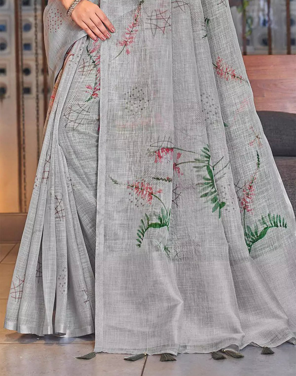 Image of Light Grey Digital Print Linen Cotton Self Saree with Tussels - South India Shopping Mall