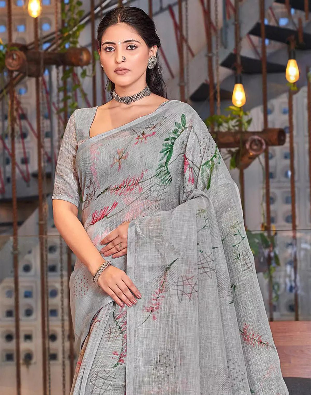 Image of Light Grey Digital Print Linen Cotton Self Saree with Tussels - South India Shopping Mall