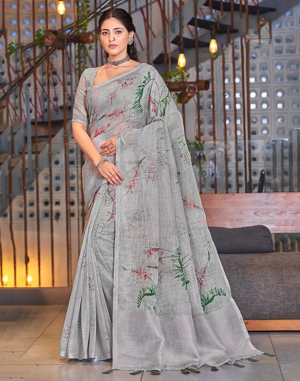 Image of Light Grey Digital Print Linen Cotton Self Saree with Tussels - South India Shopping Mall