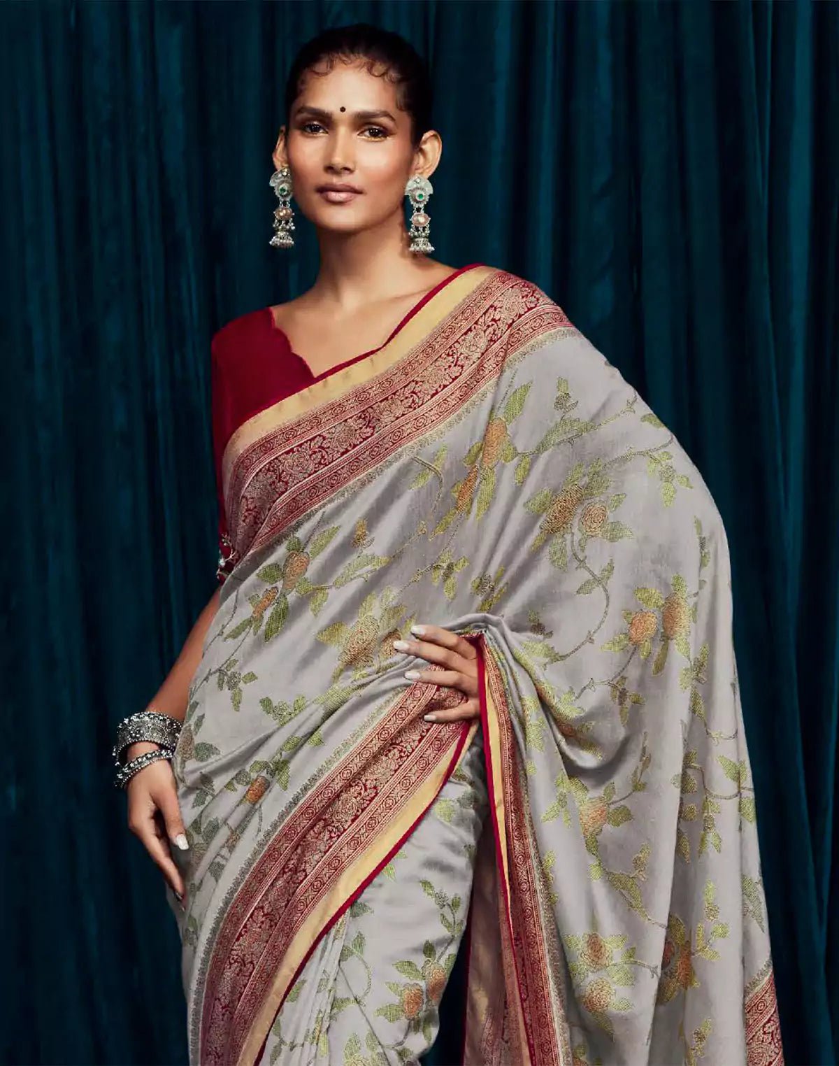 Image of Light Grey Floral Brasso Silk Saree With Red Coloured Designer Blouse - South India Shopping Mall