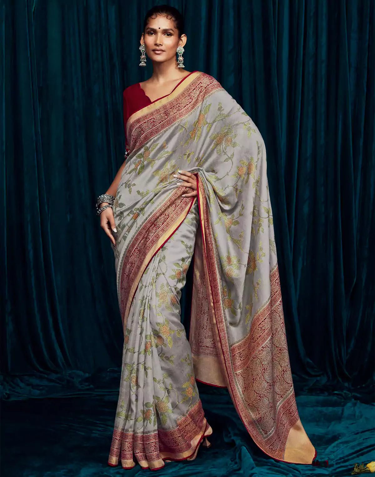Image of Light Grey Floral Brasso Silk Saree With Red Coloured Designer Blouse - South India Shopping Mall