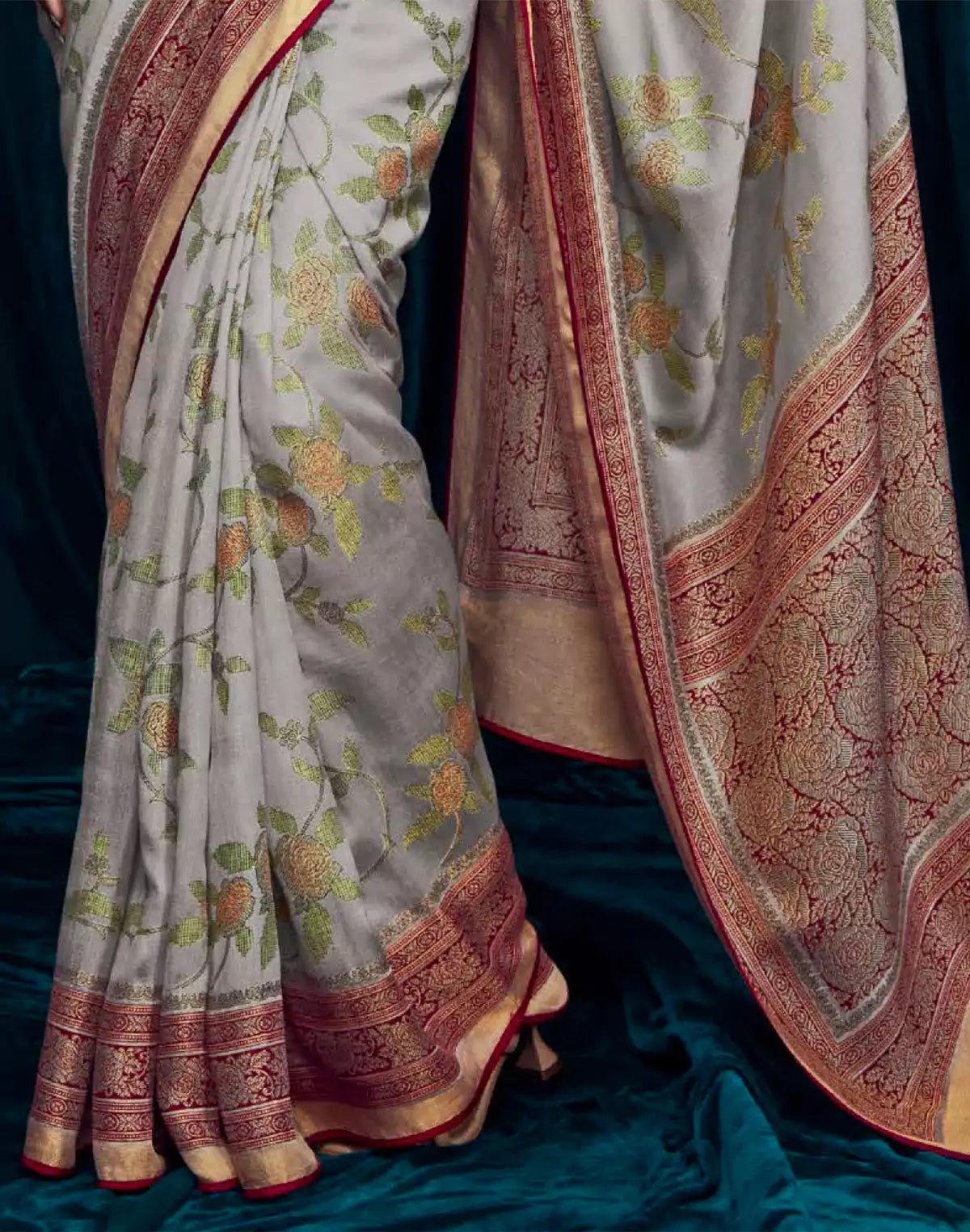 Image of Light Grey Floral Brasso Silk Saree With Red Coloured Designer Blouse - South India Shopping Mall